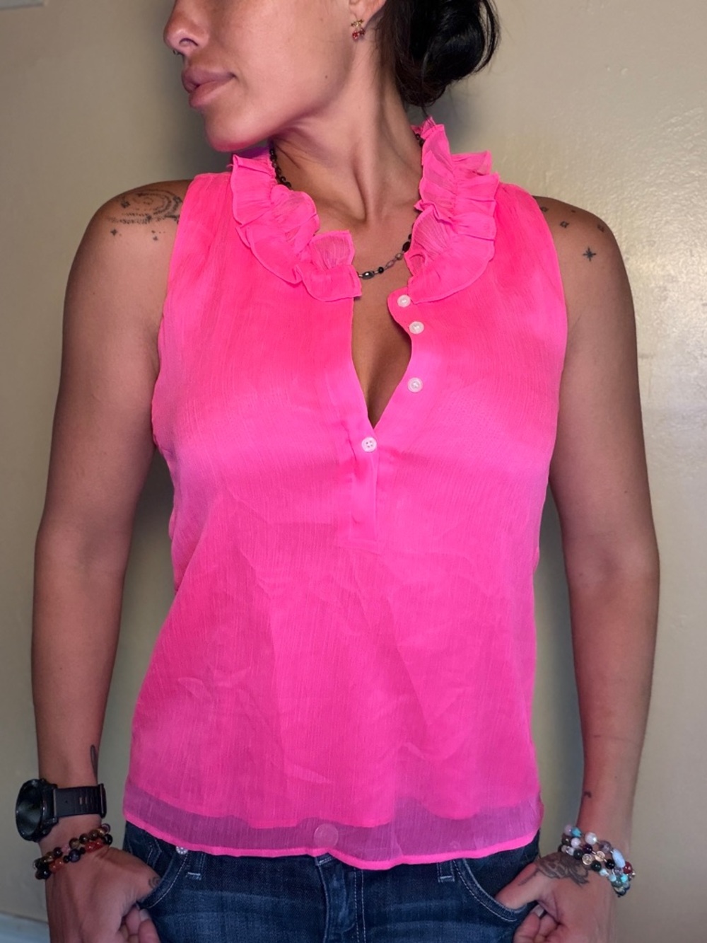 J. Crew Hot Pink Sleeveless Ruffled V-Neck Button Tank Top - Mesh Layer